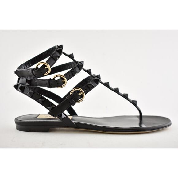 Valentino Rockstud Black Tonal Stud Triple Strap Gladiator Flat Sandal 37.5 - Picture 2 of 12